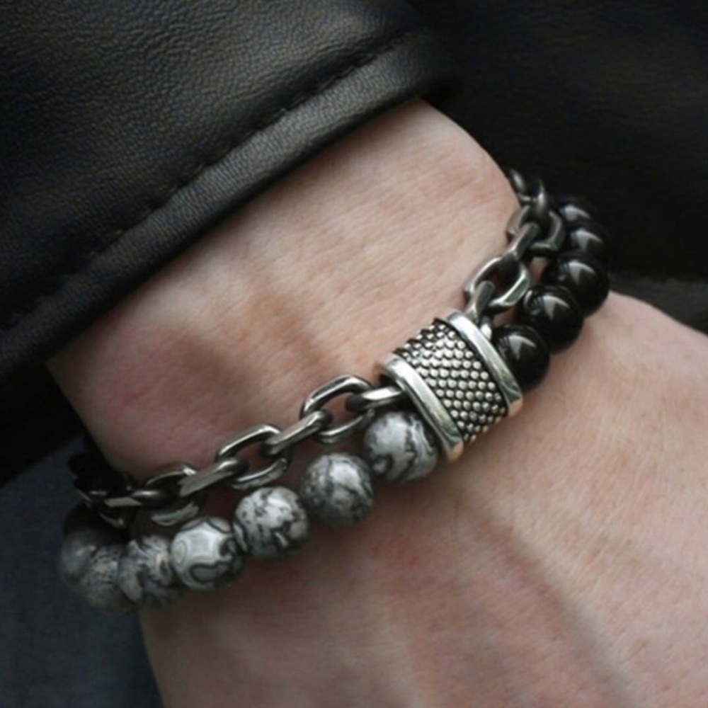 Stone Beaded stainless steel Bracelet For Men